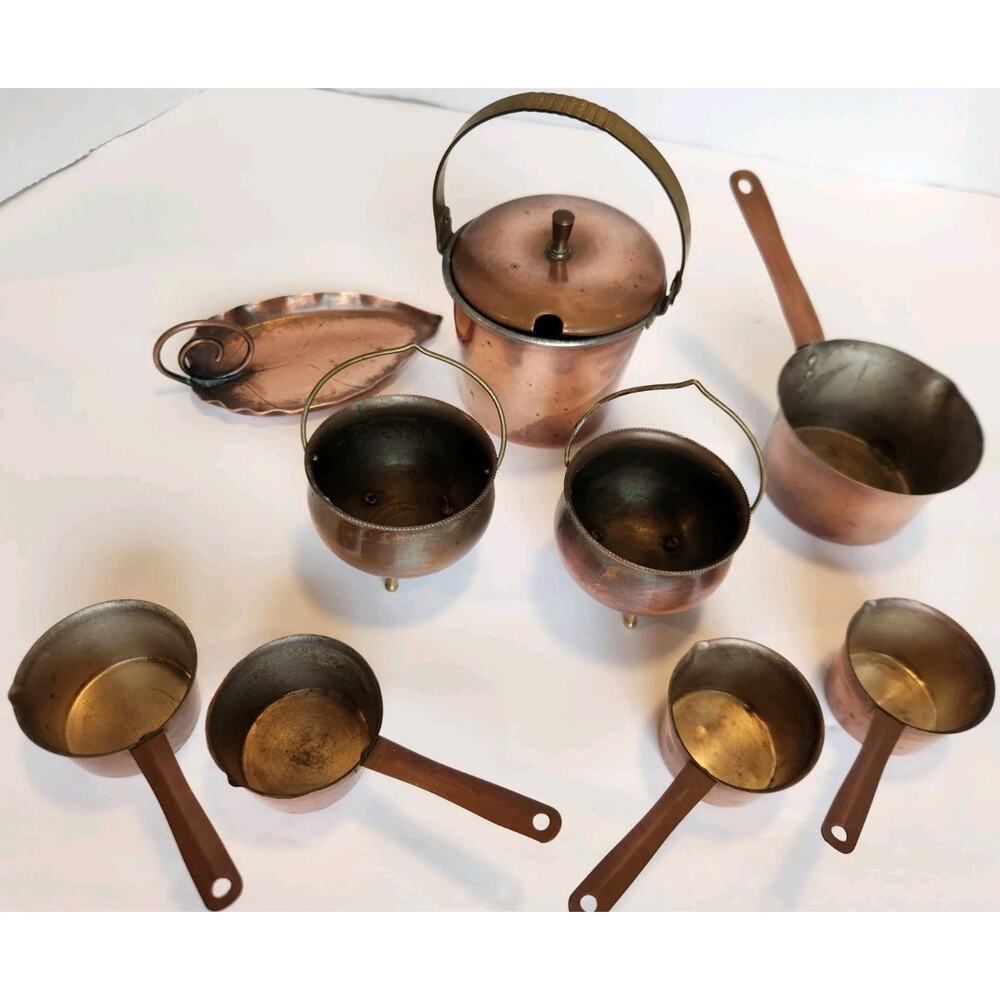 Lot Miniature Copper / Brass Cottagecore Cauldrons Pots & Tray Doll Size Mixed